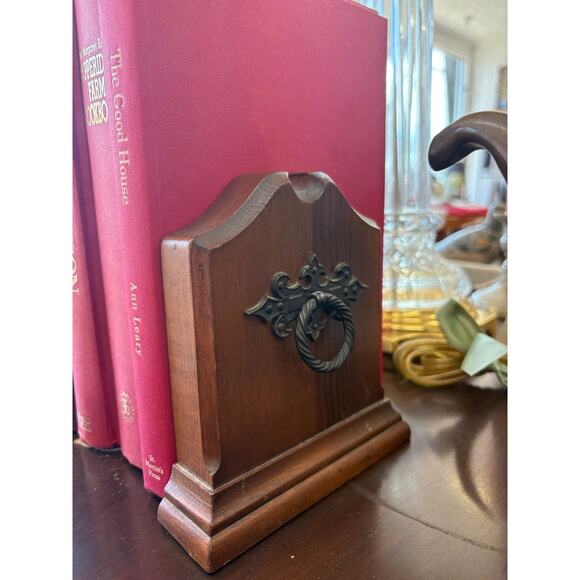Traditional Wood Bookends with Decorative Metal Knockers, Set of 2 - Picture 1 of 3